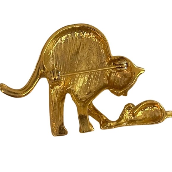 Cat and Mouse Brooch Gold Tone Rhinestone Figural Pin Jewelry - Picture 7 of 7